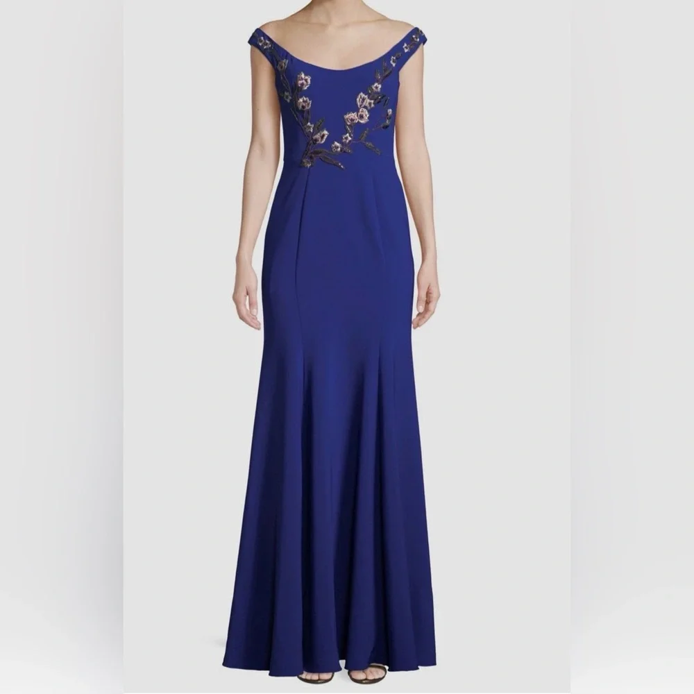Marchesa Notte Blue Floral Embroidered Long Formal Evening Gown Dress - Picture 5 of 16